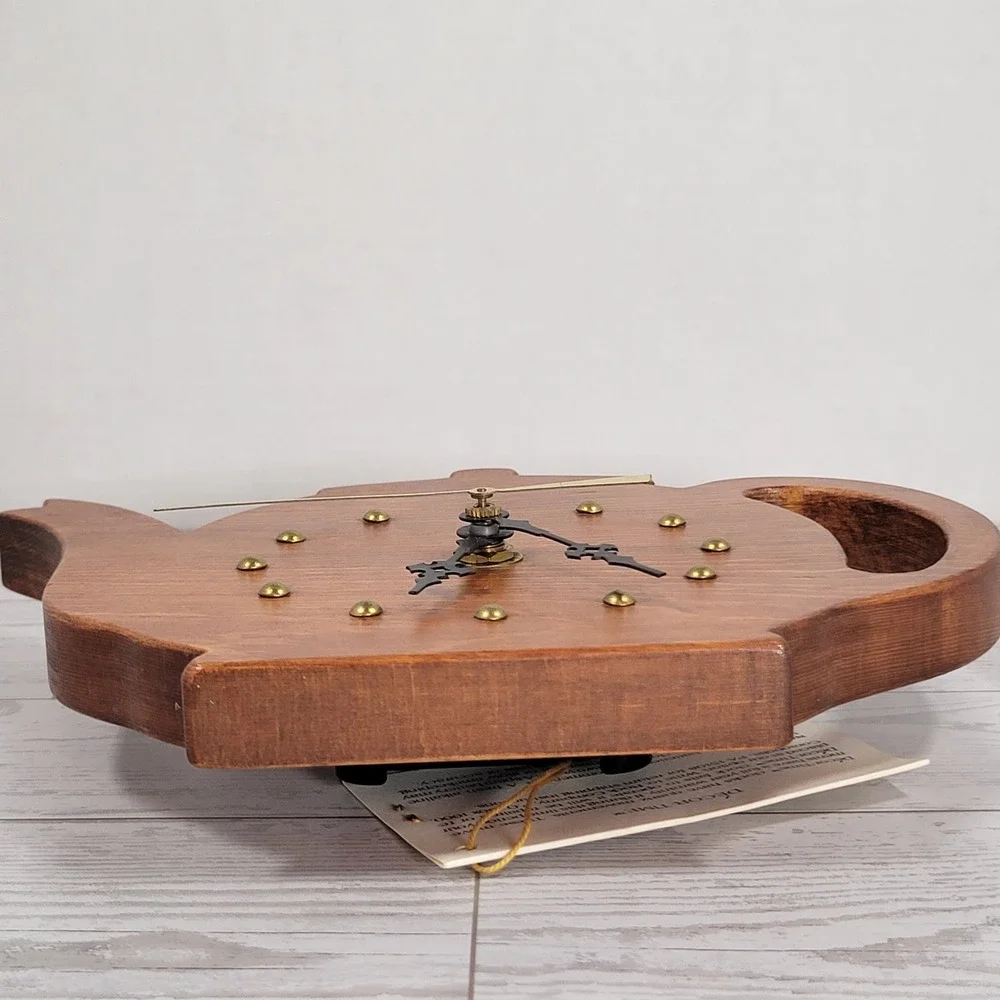Teapot Wall Clock Wood Handcrafted NEW Decor-Time Vintage Brown Kitchen Battery